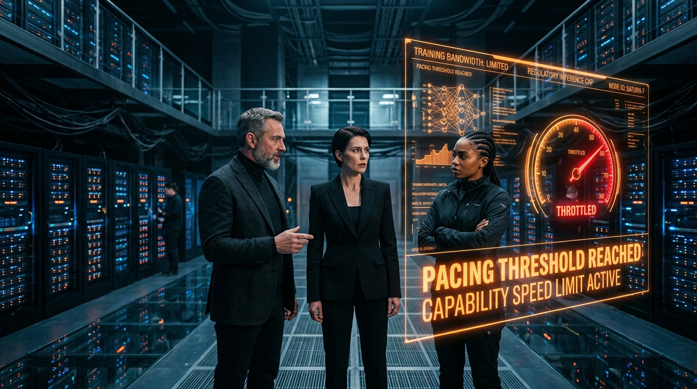 Futuristic supercomputing data center showing three tech leadership figures observing a holographic pacing threshold gauge and capability speed limit display