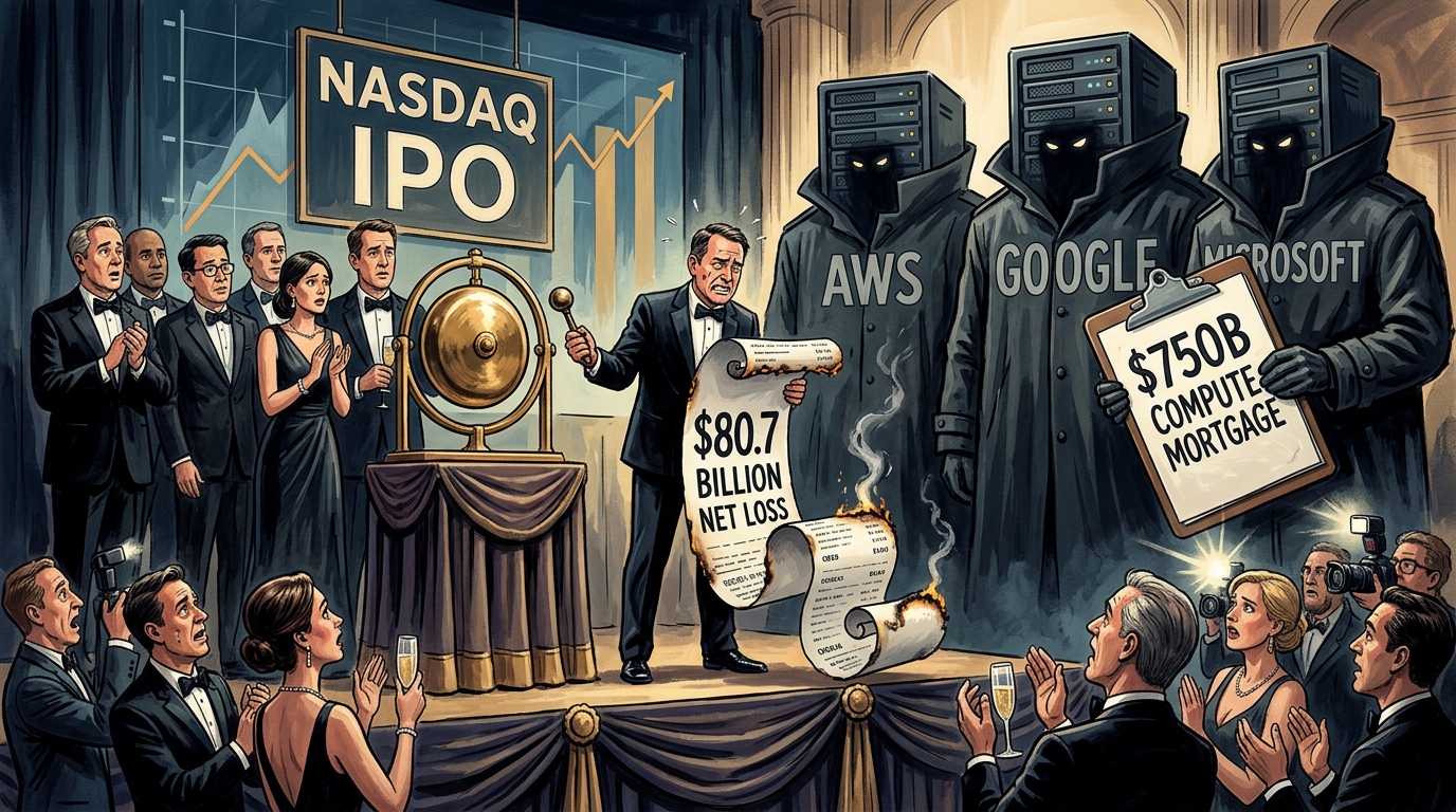 讽刺社论插画：纳斯达克敲钟盛宴上，Anthropic 高管紧张地展开一张写着 807 亿美元净亏损的冒烟账单，背后 AWS、Google 和微软三大云巨头化身为披风债主，手持 7500 亿美元算力房贷夹板