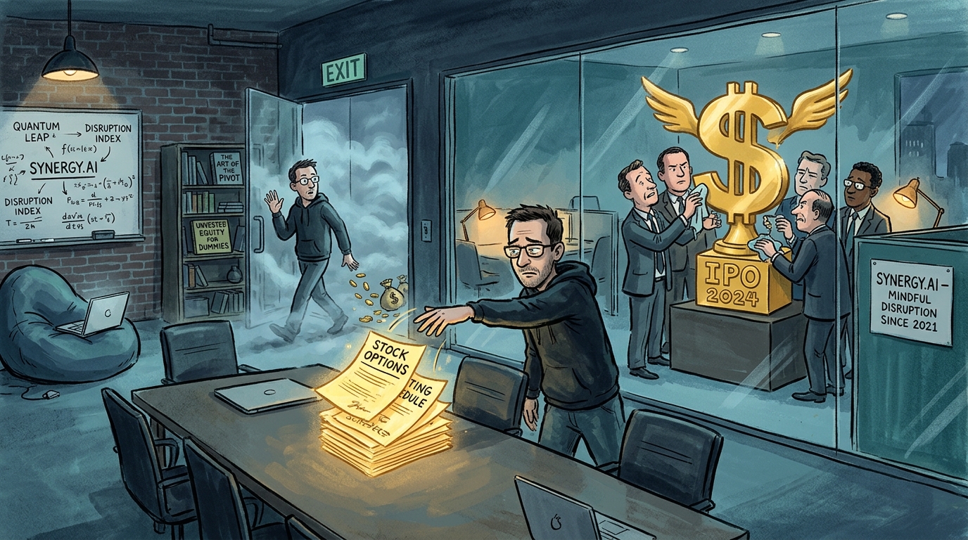 幽默社论插画：旧金山总部办公室深夜，核心安全科学家愤怒地将一叠散发金光的股权期权证书扔在会议桌上，转身推门出逃走入旧金山浓雾，而高管们仍在专注擦拭巨大的镀金 IPO 奖杯