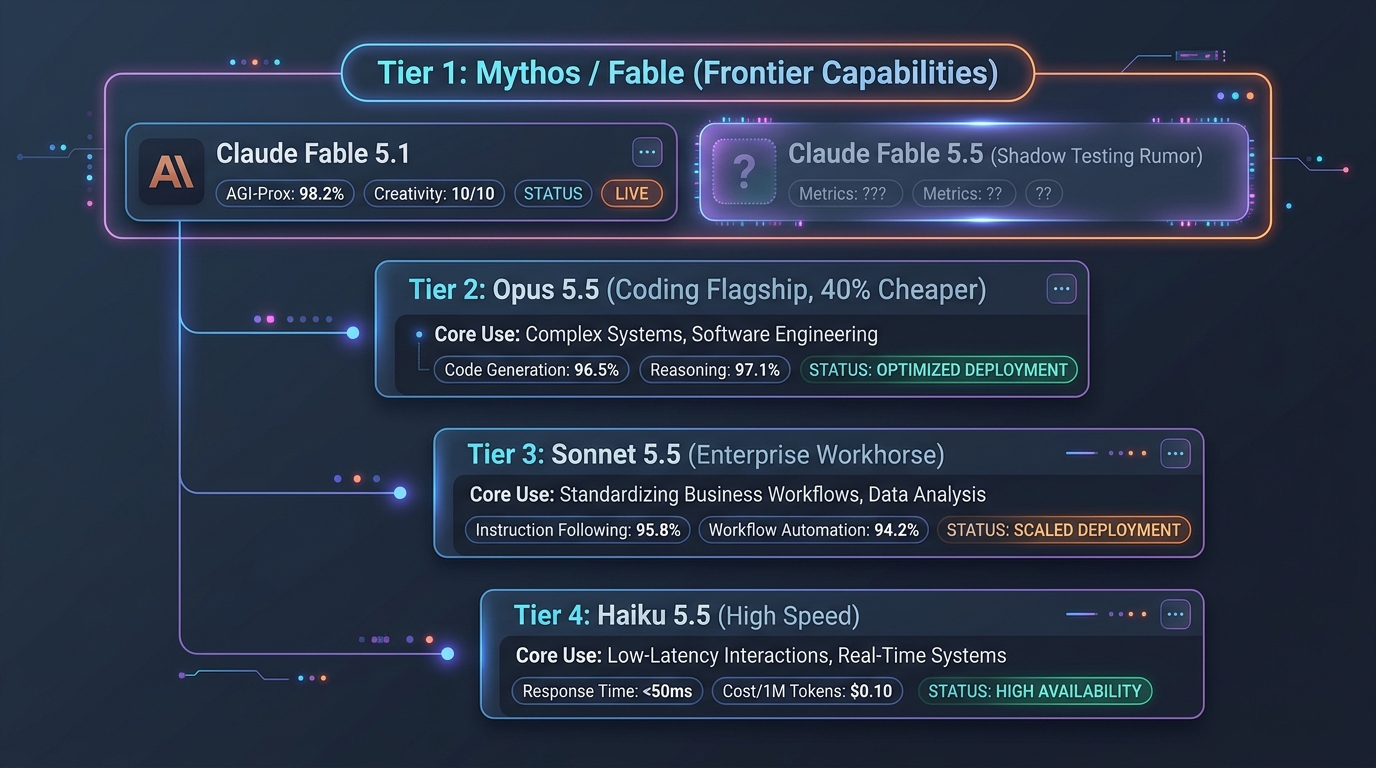 Infographic illustrating Anthropic's late 2026 model hierarchy: top Mythos/Fable tier with phantom slot, Opus 5.5 40% cheaper, Sonnet 5.5, and Haiku 5.5
