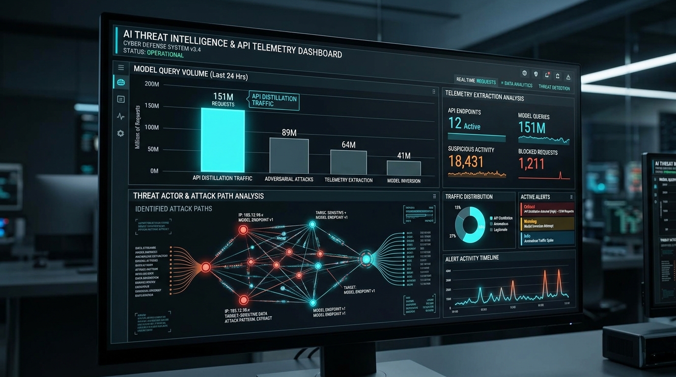 Threat intelligence dashboard displaying Anthropic recorded API distillation volume and 151 million query distribution