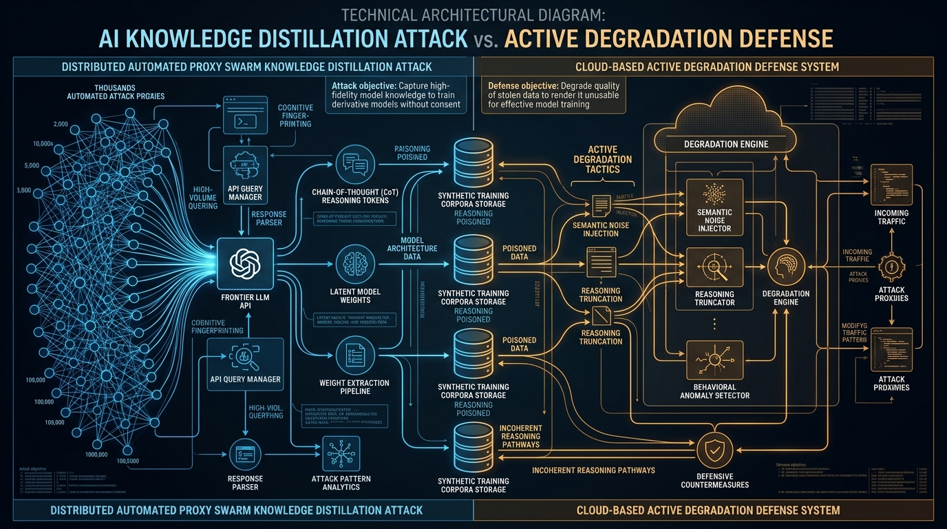 Technical architectural schematic showing distributed proxy extraction of reasoning tokens vs cloud active degradation and semantic noise injection