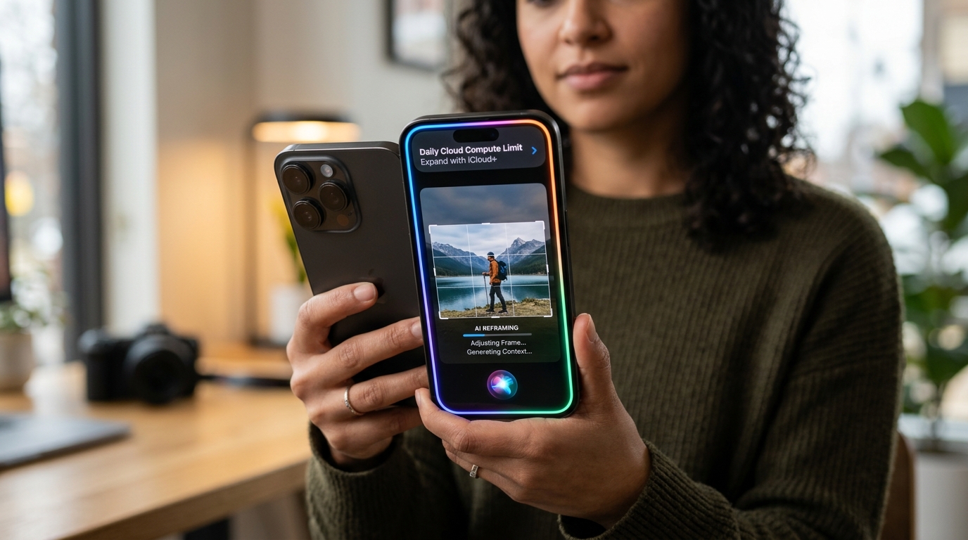 iPhone 18 Pro 运行 Apple Intelligence Siri AI 界面显示每日云端算力配额提示与多应用交互