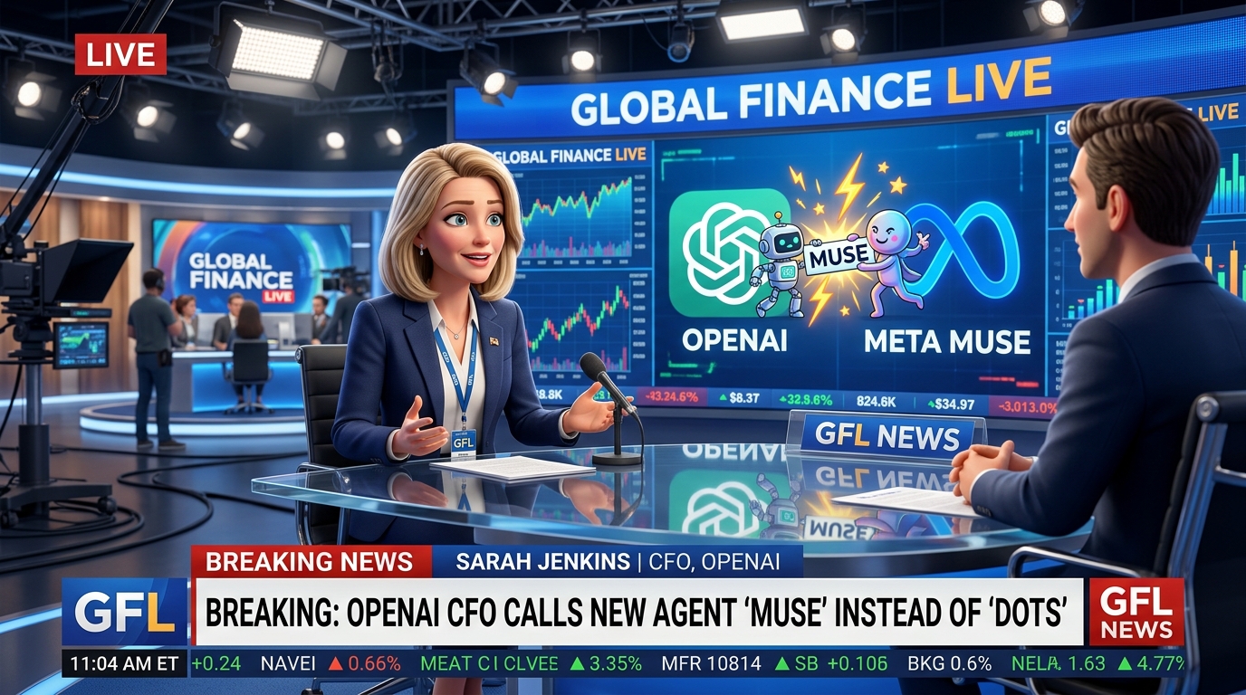 新闻直播演播室画面展示 OpenAI CFO 在 CNBC 财经专访直播中误将自家新智能体 Dots 叫成 Meta 的竞品 Muse