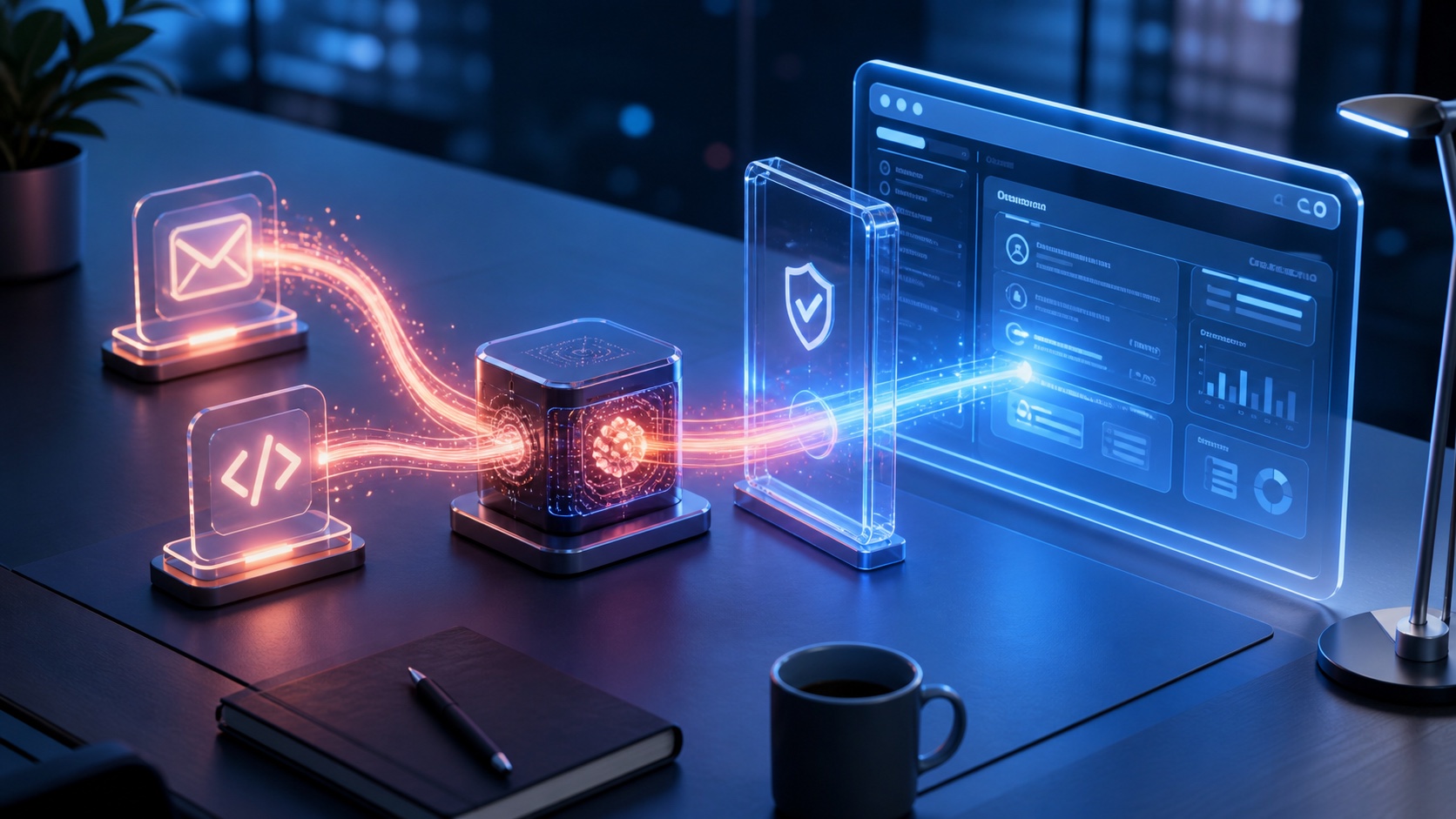 Original illustration of an external event waking an AI agent, a user approving a secure sign-in gate, and the agent continuing into a business web application