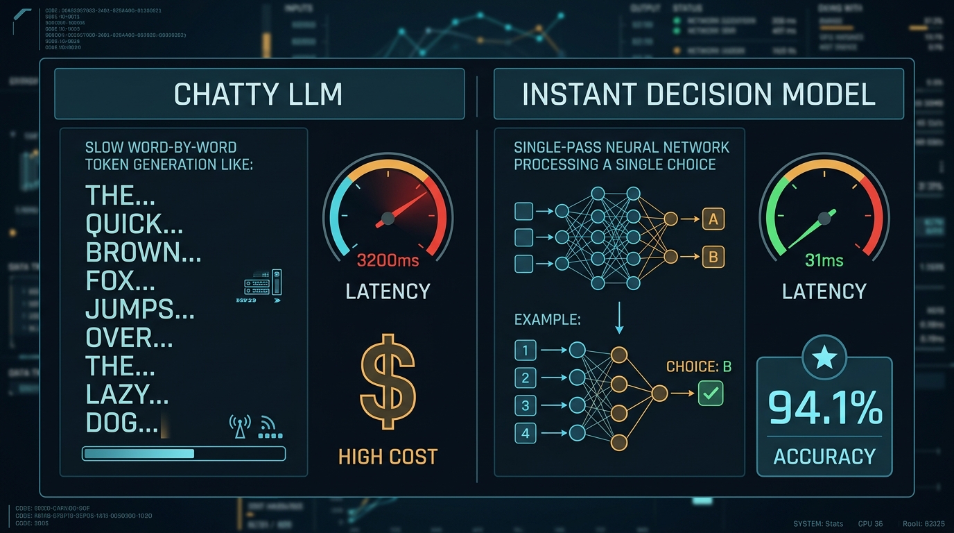 Technology comparison dashboard displaying chatty LLM with 3200ms latency versus instant decision model with 31ms latency and 94.1% accuracy