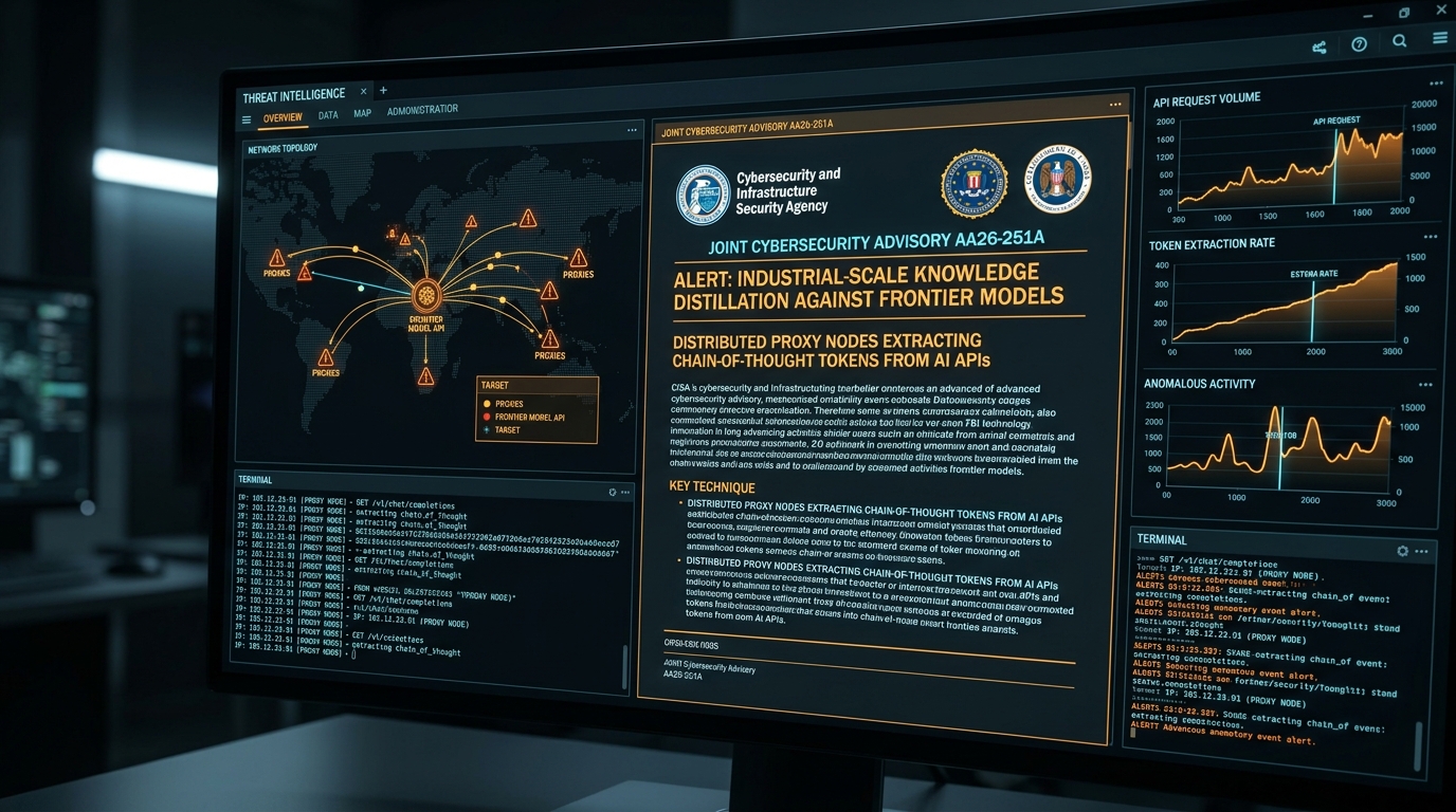 Threat intelligence dashboard displaying official CISA, FBI, and NSA Joint Advisory AA26-251A alert and proxy extraction monitoring logs