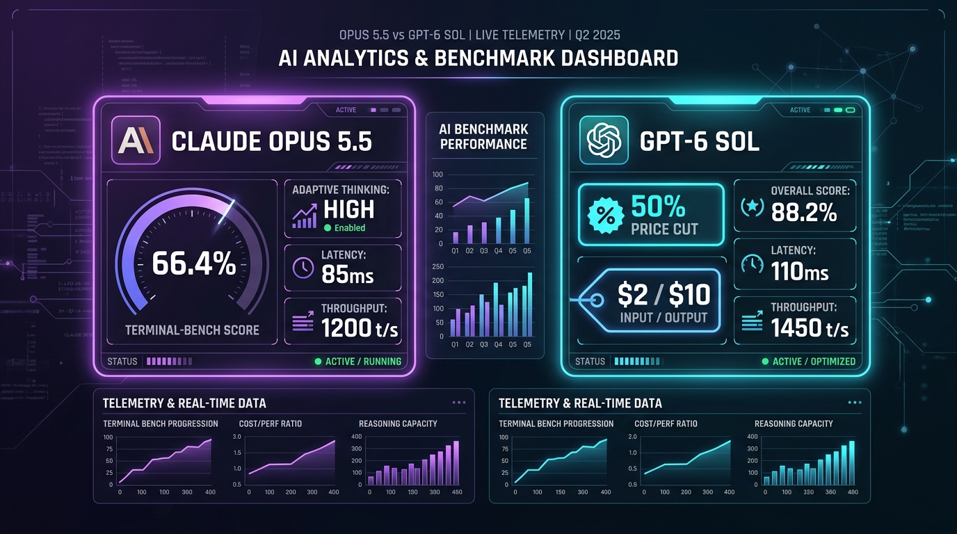 Benchmark score and API pricing radar matrix comparing Claude Opus 5.5 and GPT-6 Sol