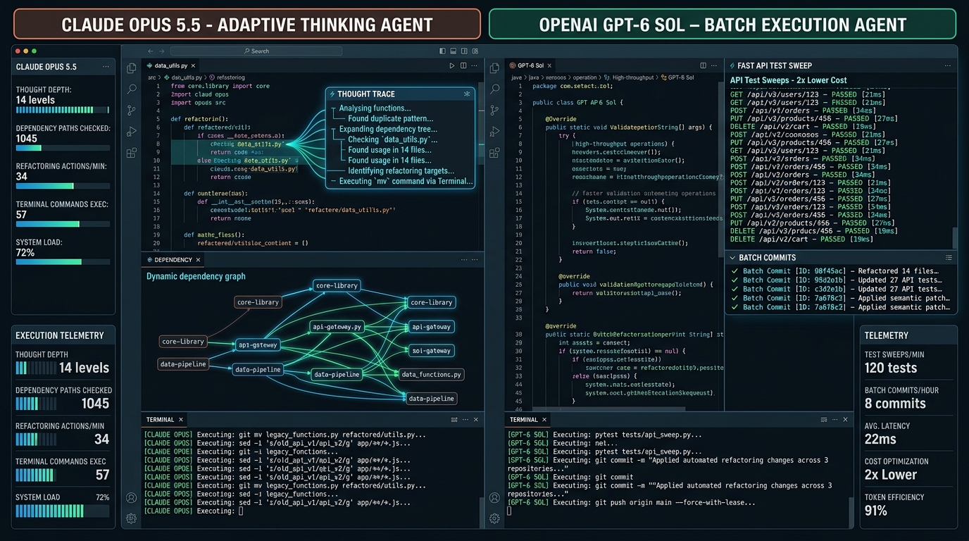Dual-monitor developer IDE contrasting Claude 5.5 Adaptive Thinking against GPT-6 Sol high-throughput batch execution