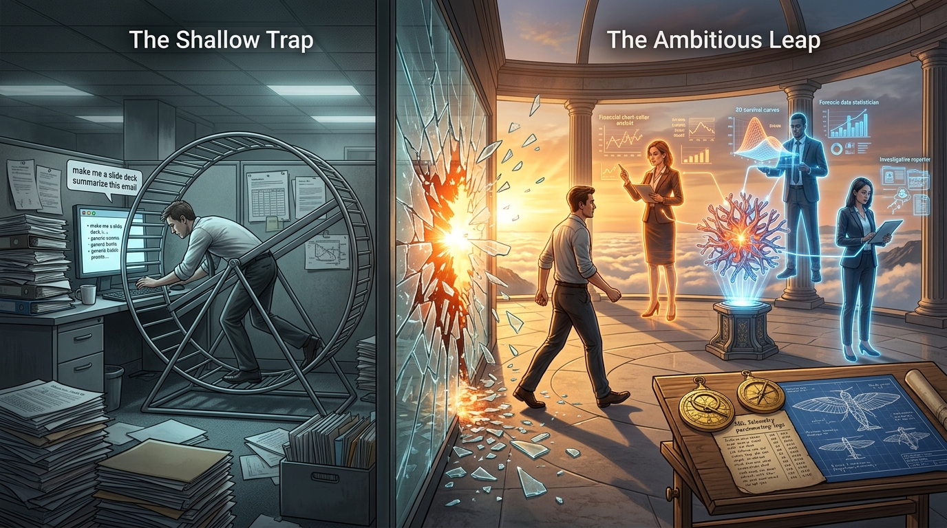 Dramatic split-world conceptual editorial illustration: Left side showing the shallow trap of mundane prompts on a corporate hamster wheel, right side breaking through to command an interdisciplinary red team on an observatory terrace