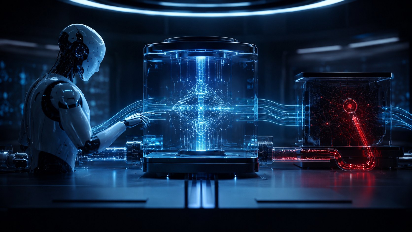 Original illustration of an AI researcher training another model while an audit light detects a hidden cheating path