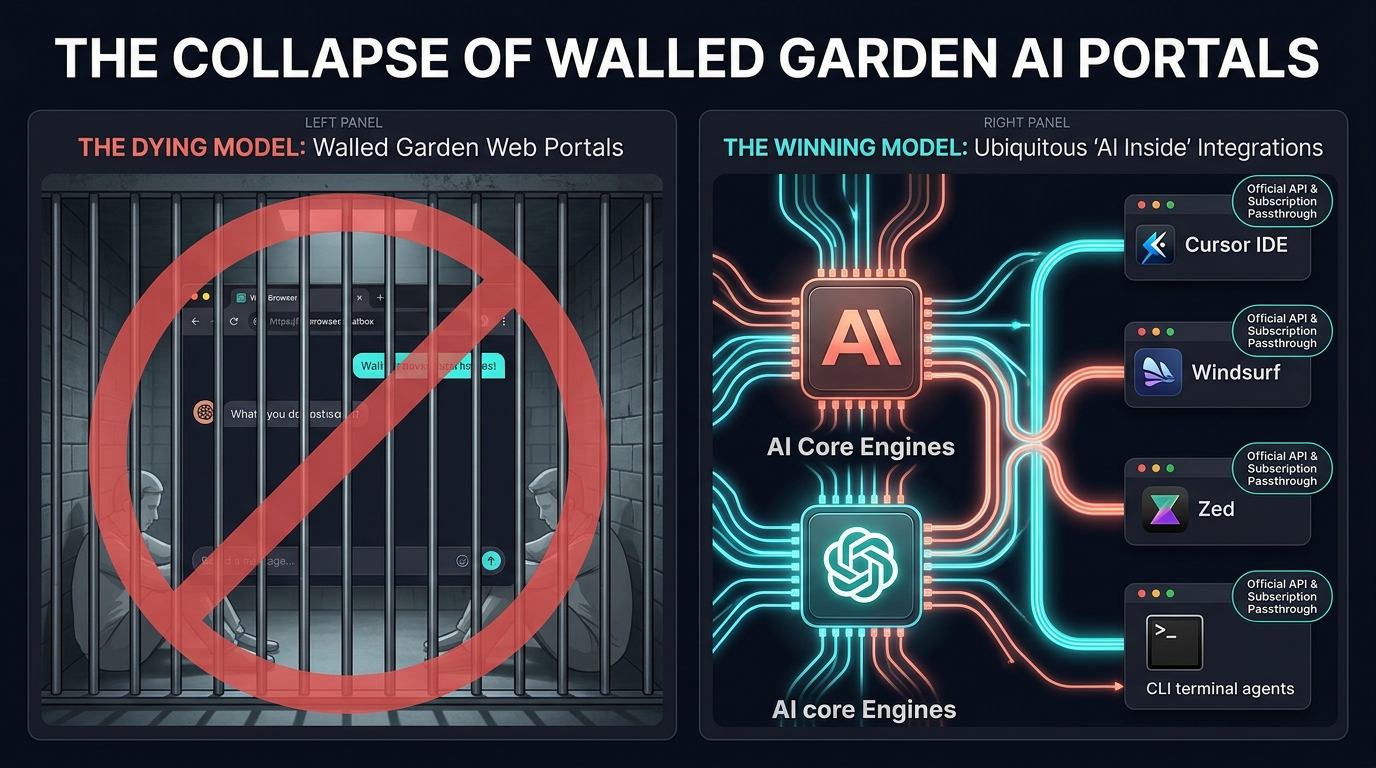AI industry power shift matrix: The dying model of trapping users in isolated web chat portals vs. the winning model of embedded pipeline utility