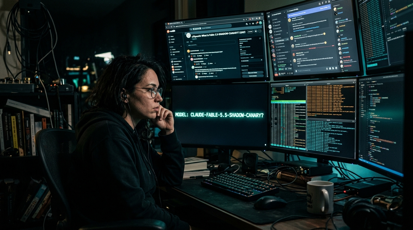 Night studio scene showing an AI researcher and novelist analyzing Reddit, Discord, and terminal logs for alleged Fable 5.5 canary routing signals