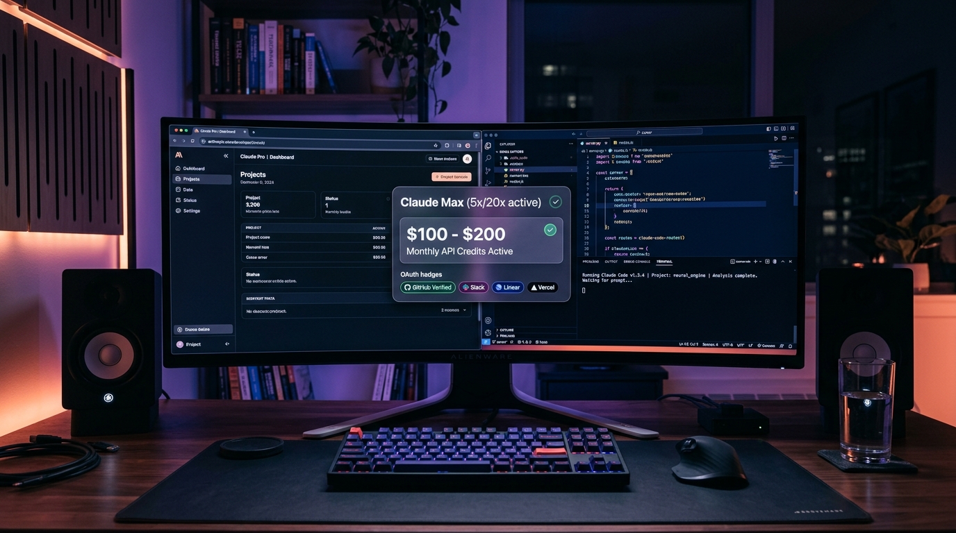Claude Max developer workstation showing terminal Claude Code, Cline IDE integration, and $100-$200 monthly API credit dashboard