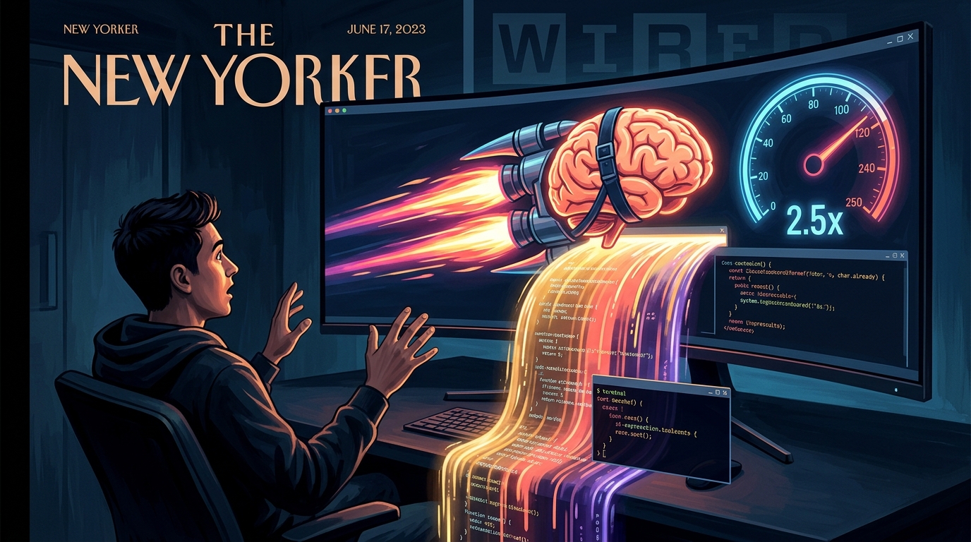 Satirical editorial gouache illustration: Inside a dark-mode developer studio, the glowing coral Claude brain strapped onto twin-turbo rockets with a 2.5x speedometer, pouring code onto an astonished developer's terminal