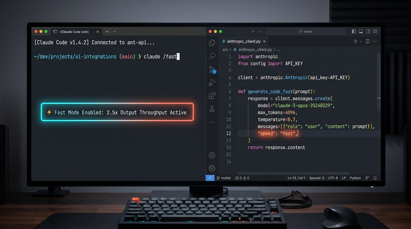 终端与 API 实操双屏：左侧 Claude Code 终端执行 /fast 开启，右侧 Python 请求体中携带 speed: 'fast'
