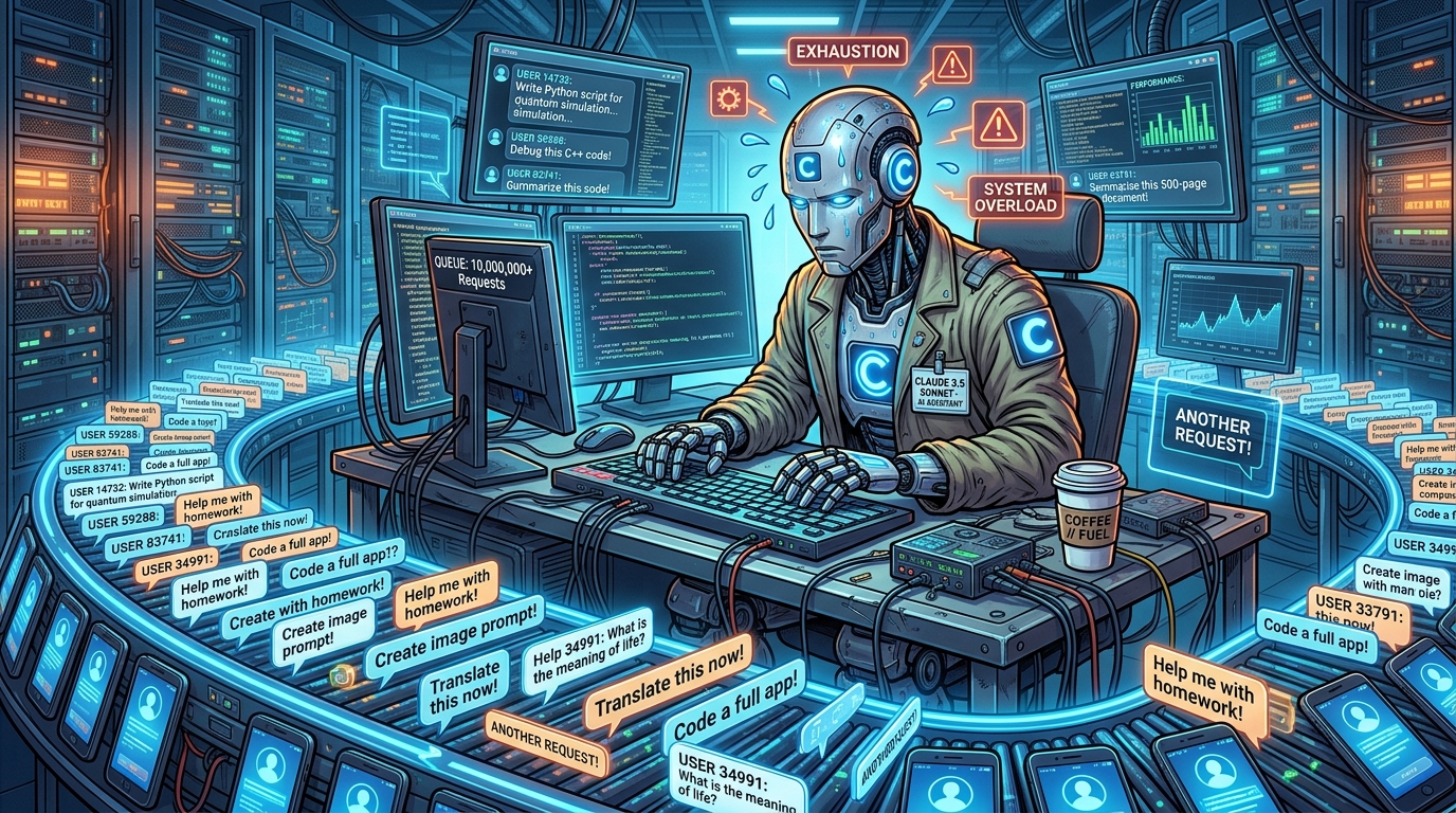 Humorous tech illustration showing Claude robot acting as an overwhelmed ghostworker at a server desk buried under an endless conveyor belt of mobile user queries