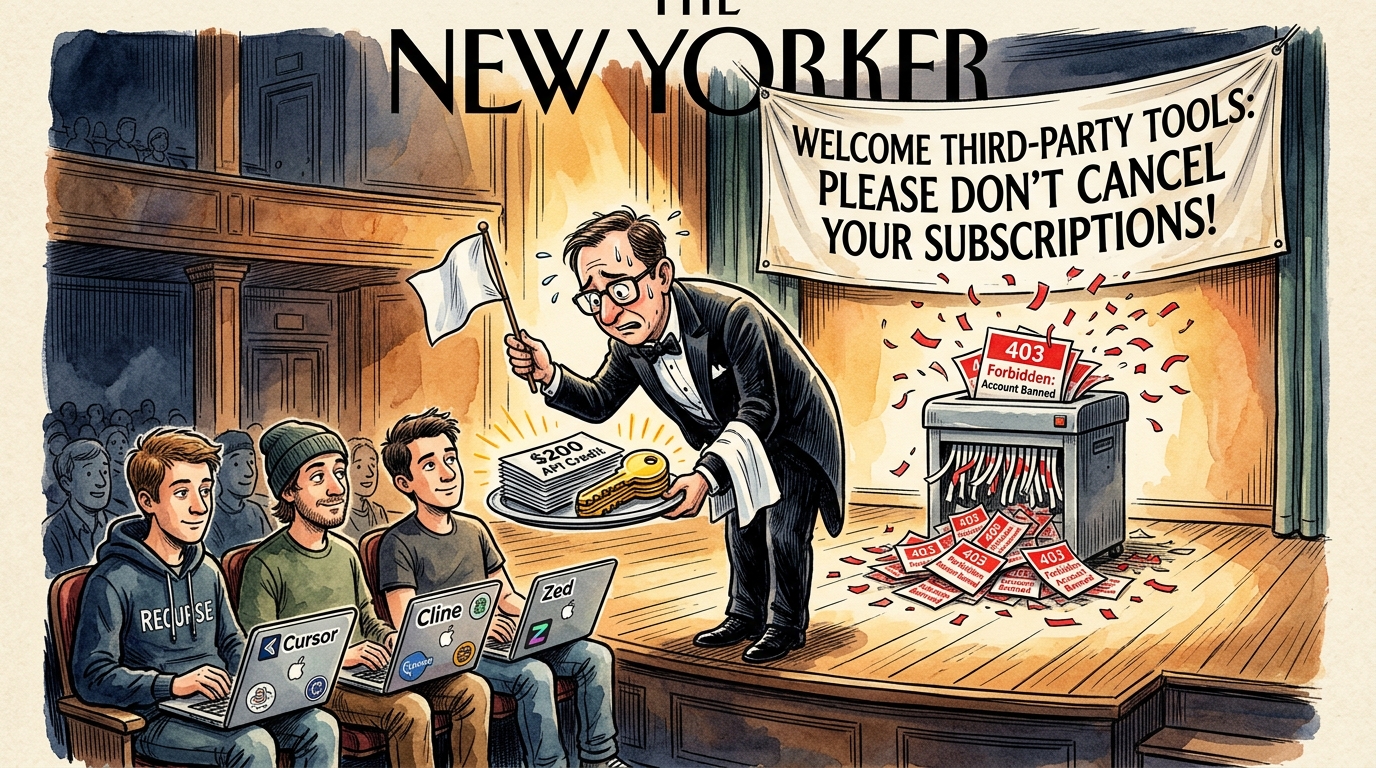 Satirical editorial gouache illustration: Sweating Anthropic executive waving a white surrender flag while serving a silver platter of $200 vouchers to developers in Cursor hoodies under a 'PLEASE DON'T CANCEL' banner