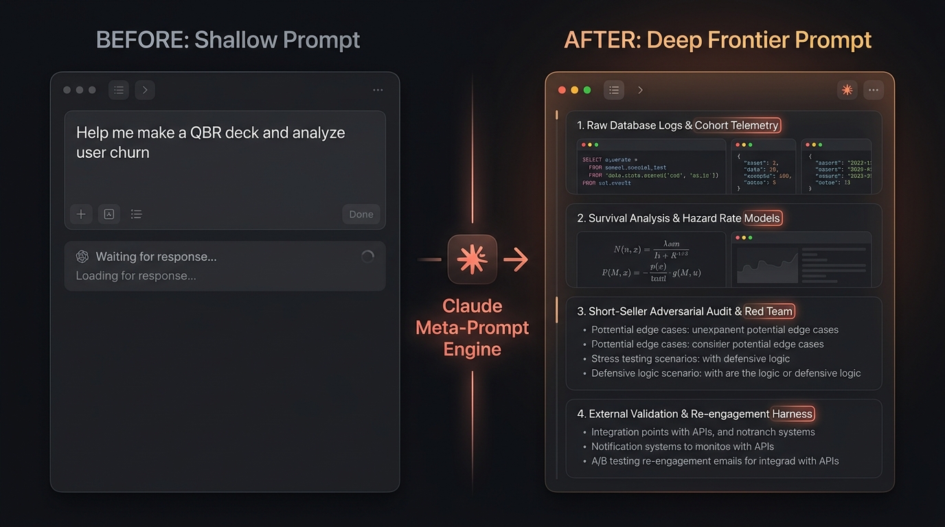 The viral Depth Meta-Prompt evolution UI: Left side showing a basic QBR prompt transformed into an expert brief with raw data, survival analysis, and short-seller audit