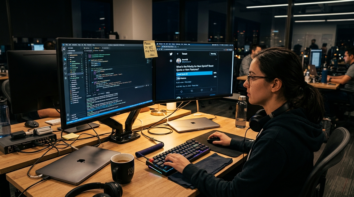 Night tech workspace featuring dual monitors displaying a code terminal and a 90% community poll voting for Quota Reset, with a sticky note pleading 'Please do not ship today'
