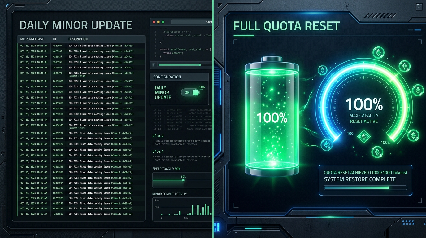 Split-screen infographic contrasting incremental micro-releases and 50% speedup toggles on the left with a glowing 100% battery and Full Quota Reset gauge on the right