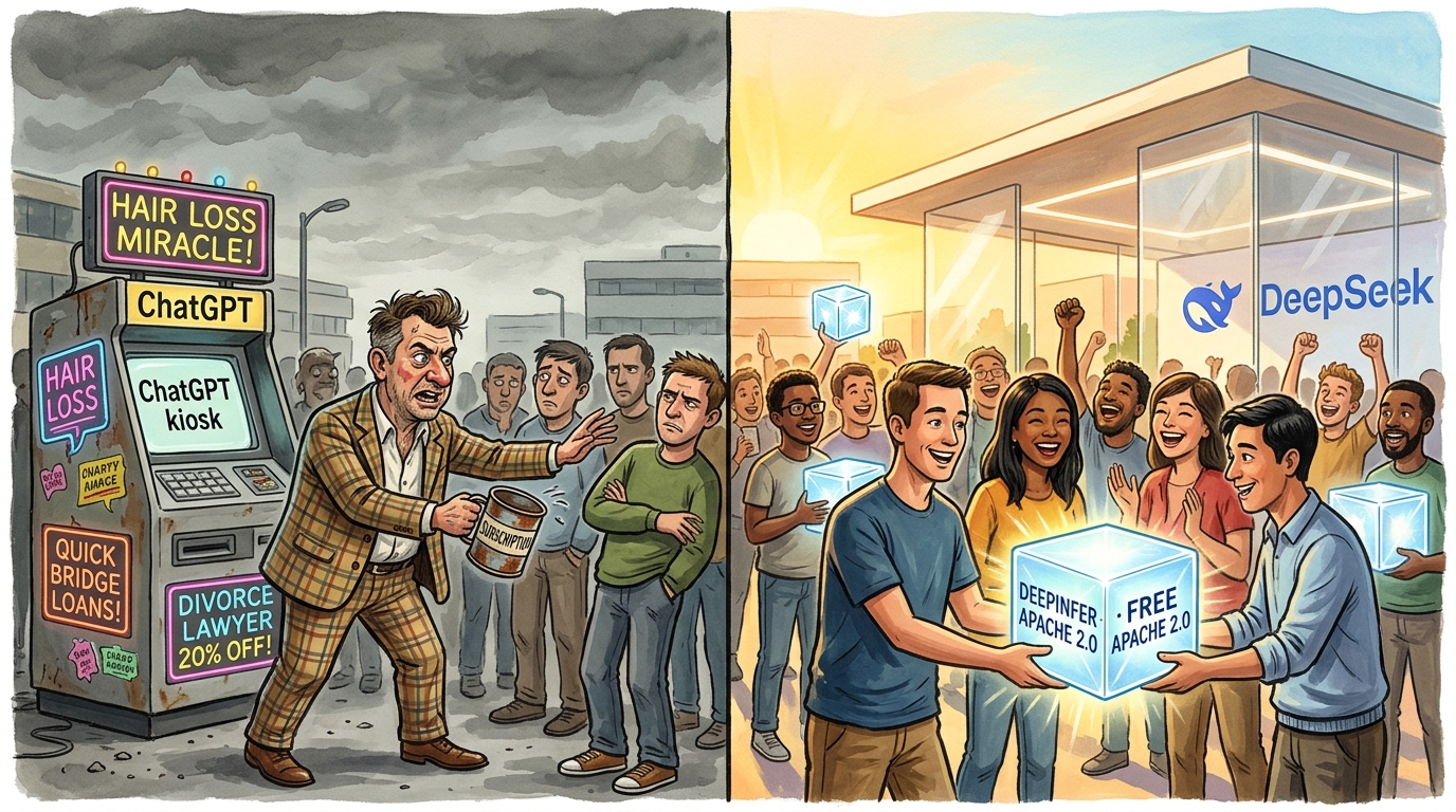 Satirical editorial cartoon: Contrasting a gloomy OpenAI kiosk peddling a sputtering ChatGPT cart covered in tacky loan ads versus DeepSeek sunny pavilion freely distributing radiant DeepInfer Apache 2.0 engine cubes