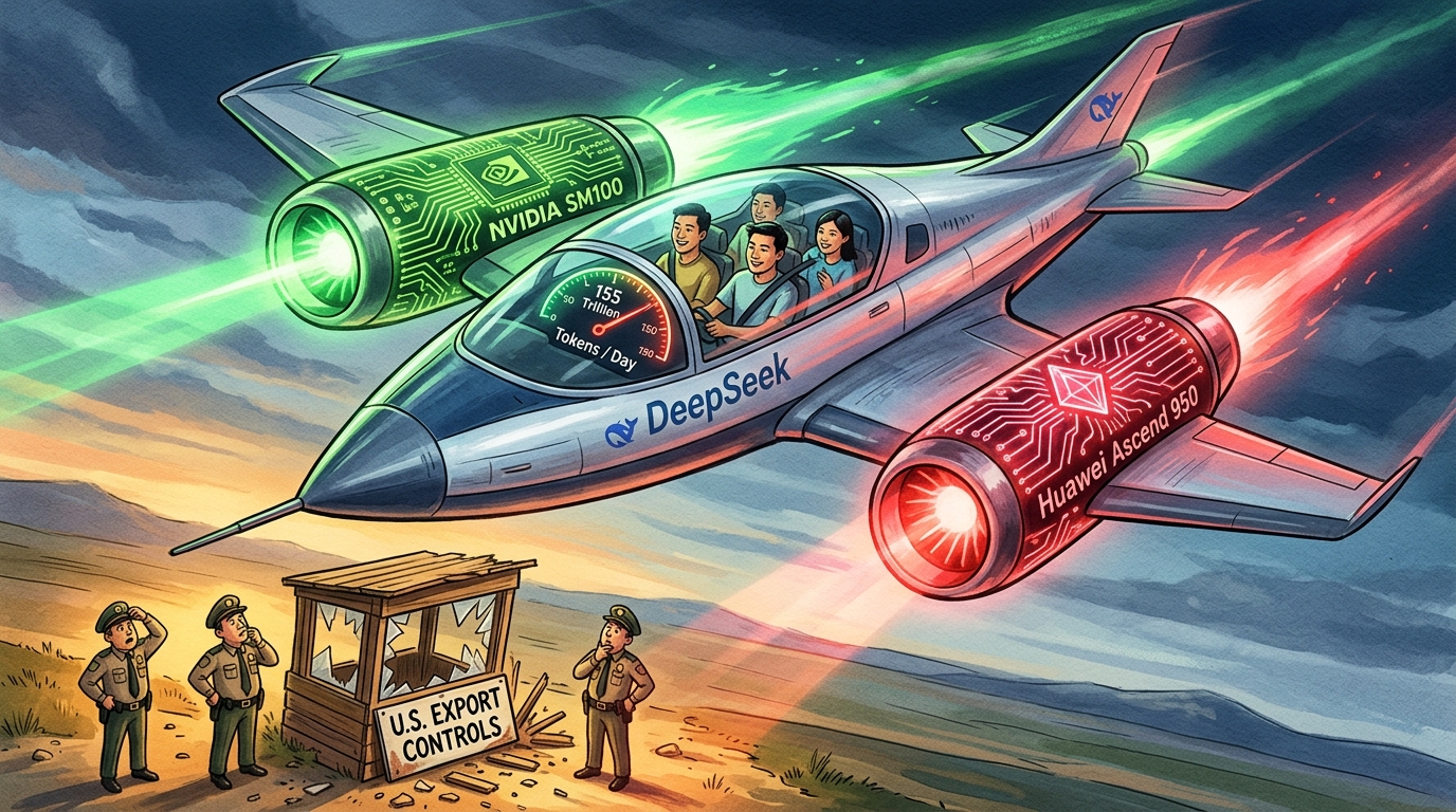 高概念社论插画:DeepSeek 极速超导飞船搭载英伟达 SM100 翡翠绿与华为昇腾 950 宝石红双核聚变引擎,呼啸飞跃粉碎的美国出口管制关卡,仪表盘指针锁定日吞 155 万亿 Token