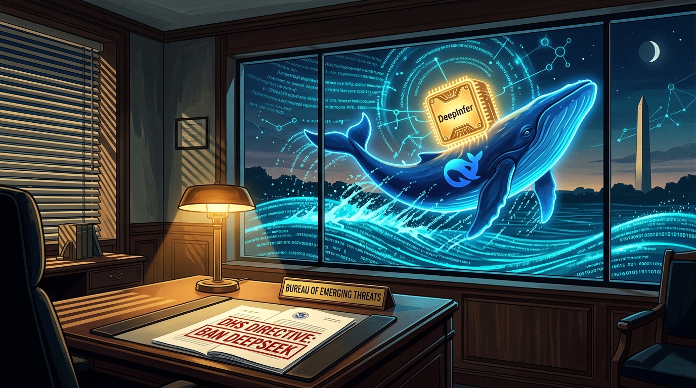 Satirical editorial illustration: An austere Washington D.C. desk holding a DHS ban directive on DeepSeek, while through the window a giant glowing DeepSeek blue whale breaches the digital waves carrying the radiant DeepInfer open-source engine