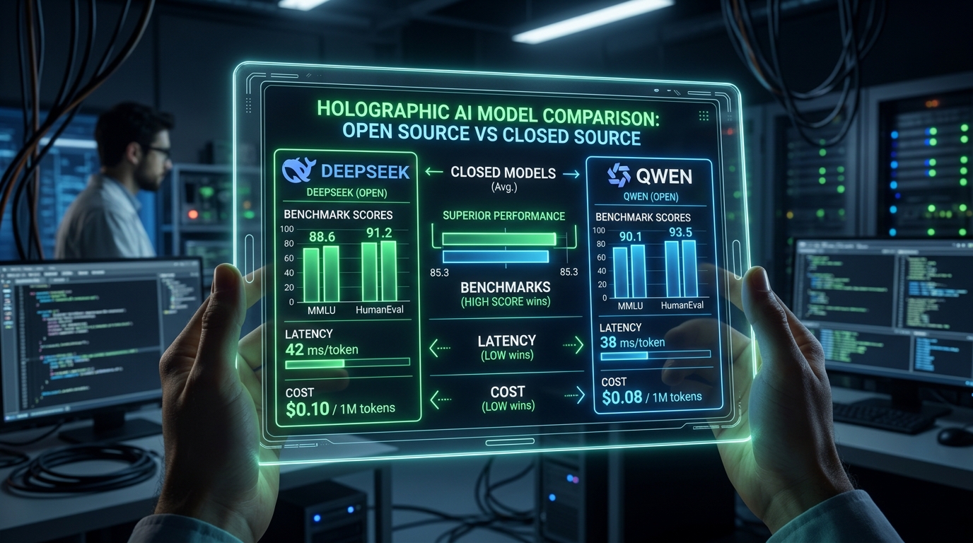 Holographic data card showing open-weight models DeepSeek and Qwen matching or exceeding closed-source models at a fraction of the cost