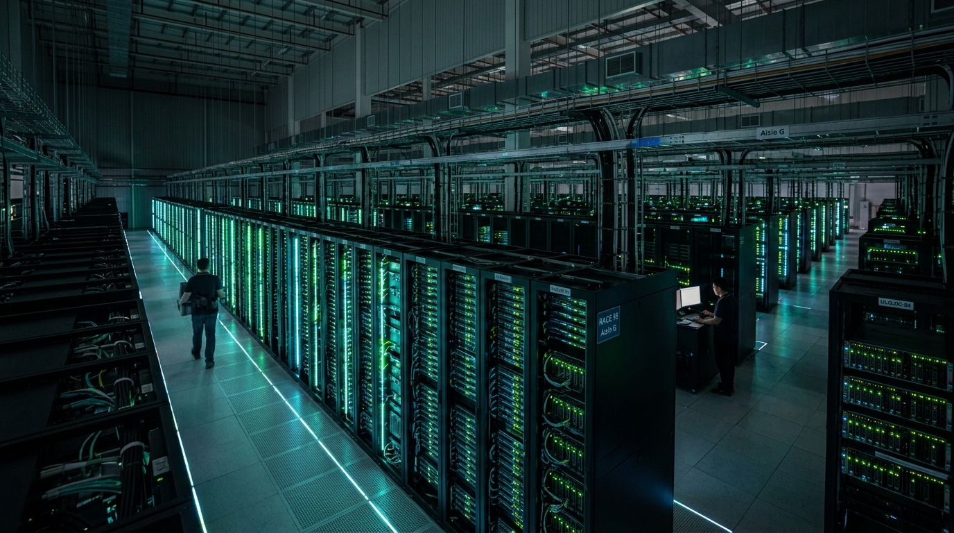 High-density liquid-cooled server racks and inspection aisle inside 1GW green compute campus in Ulanqab Inner Mongolia