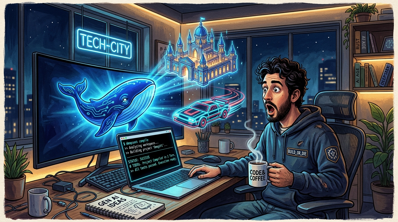 Satirical editorial gouache illustration: Inside a dark developer studio, DeepSeek glowing blue whale projects a mini 3D palace and arcade car off the monitor, while an astonished developer stares at a terminal reading Zero TODOs, Project Compiled in 1 Turn