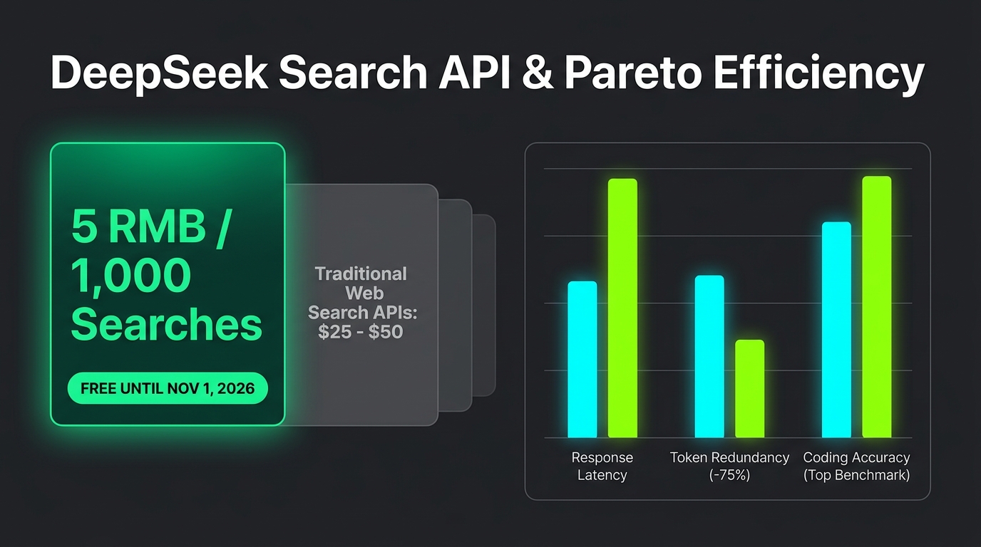 自研搜索 API 与帕累托优化矩阵：5元/千次价格对比传统高价搜索接口，显著标注两周限时免费，附带冗余长度缩短与准确率提升