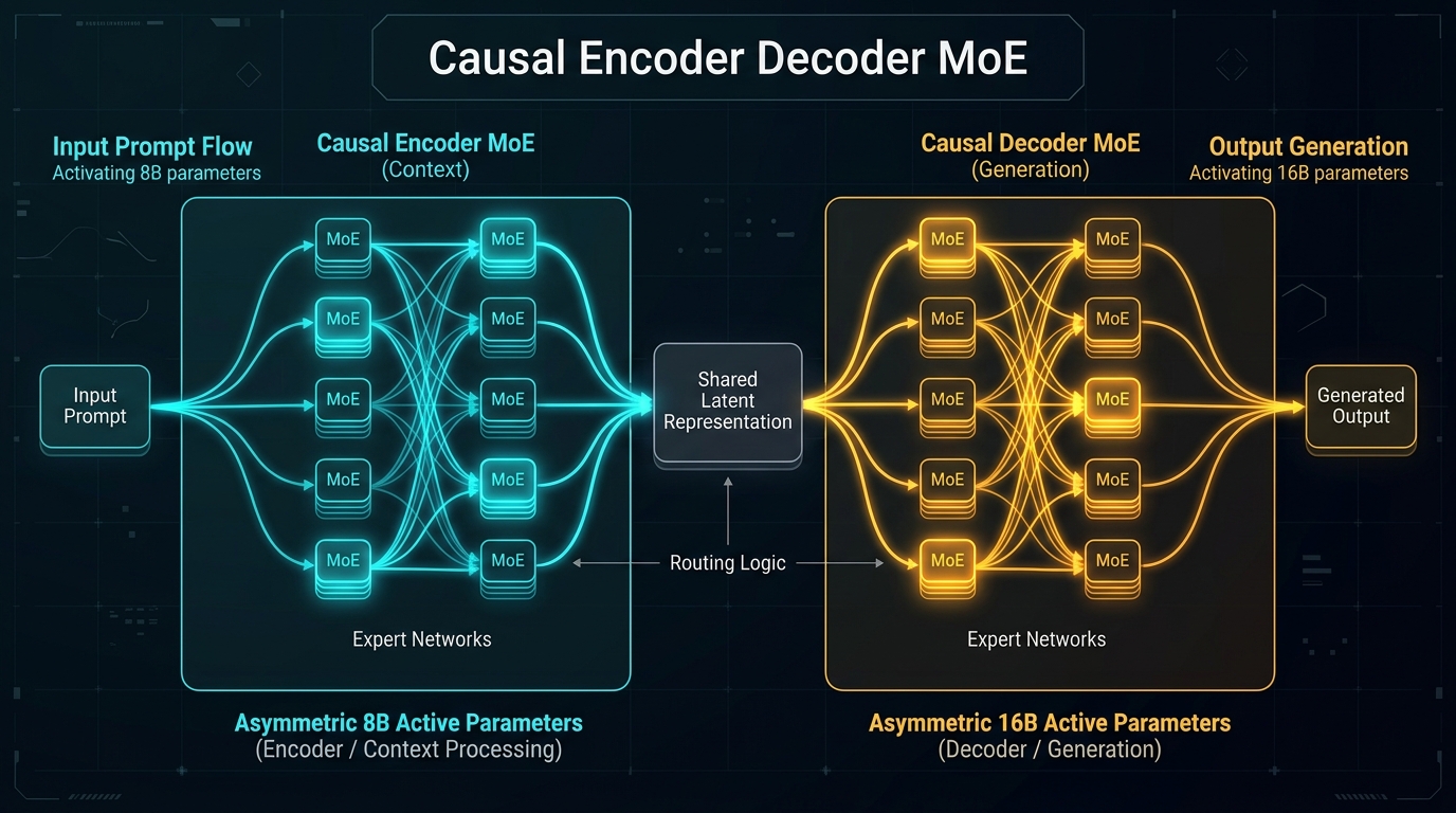 DeepSeek V4.1 Flash 非对称 Causal-Encoder-Decoder 架构示意图，展示输入 Prefill 阶段仅激活 8B 参数与输出 Decode 阶段激活 16B 参数的算力流向