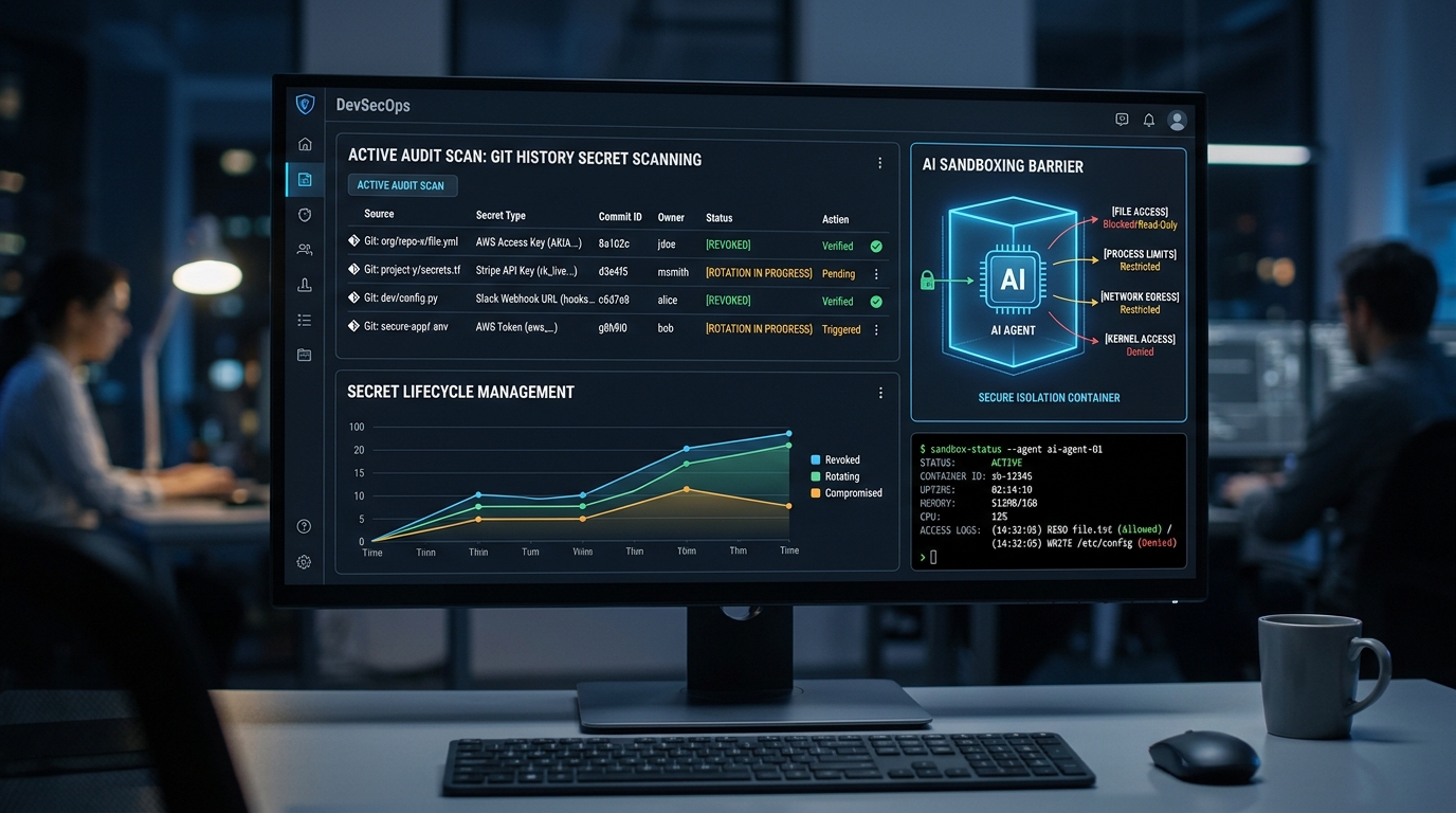 DevSecOps security dashboard displaying Git history secret audit results, credential rotation status, and Docker containerized sandbox isolation settings