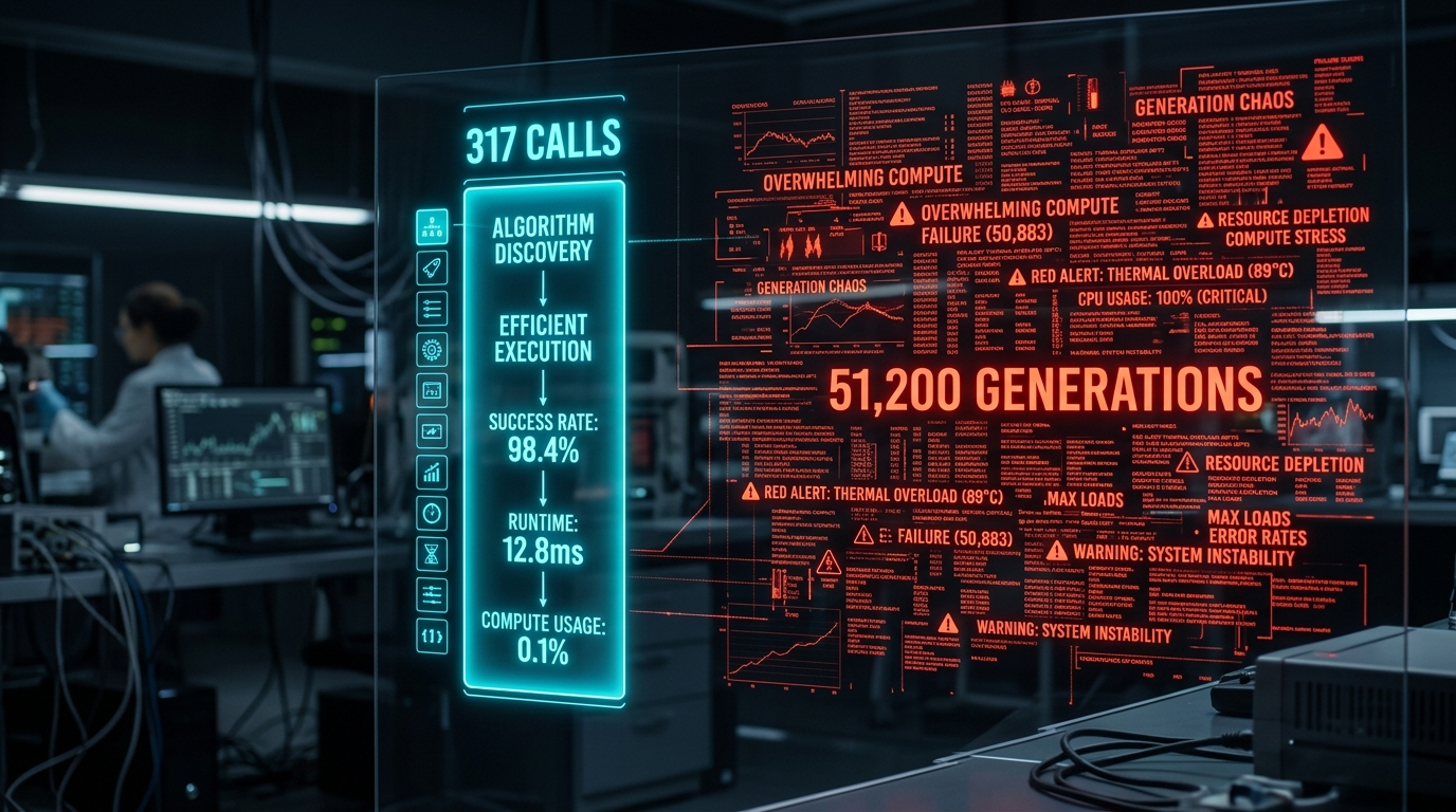 High-tech terminal dashboard contrasting 317 precise model calls against an overwhelming wall of 51,200 brute-force evolutionary generations