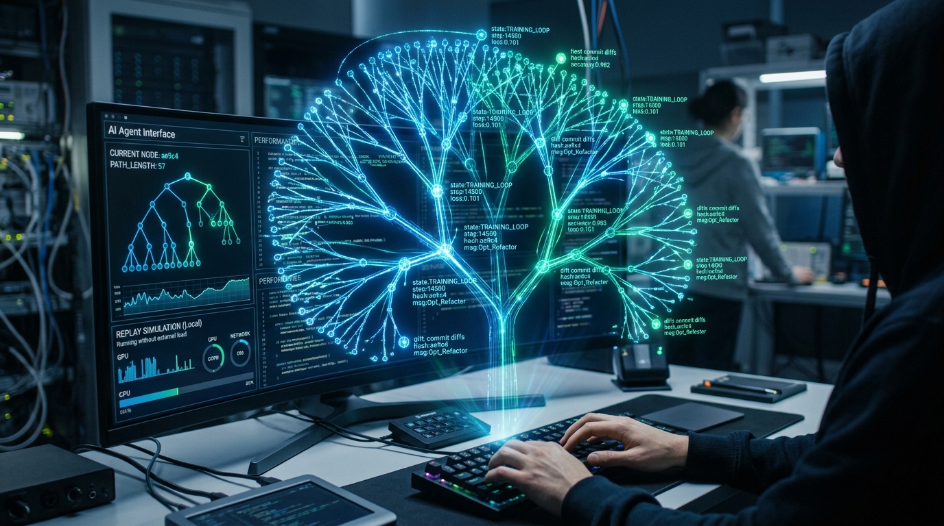 Cybernetic research workstation displaying a 3D holographic code discovery tree structure and zero-cost offline replay simulation interface