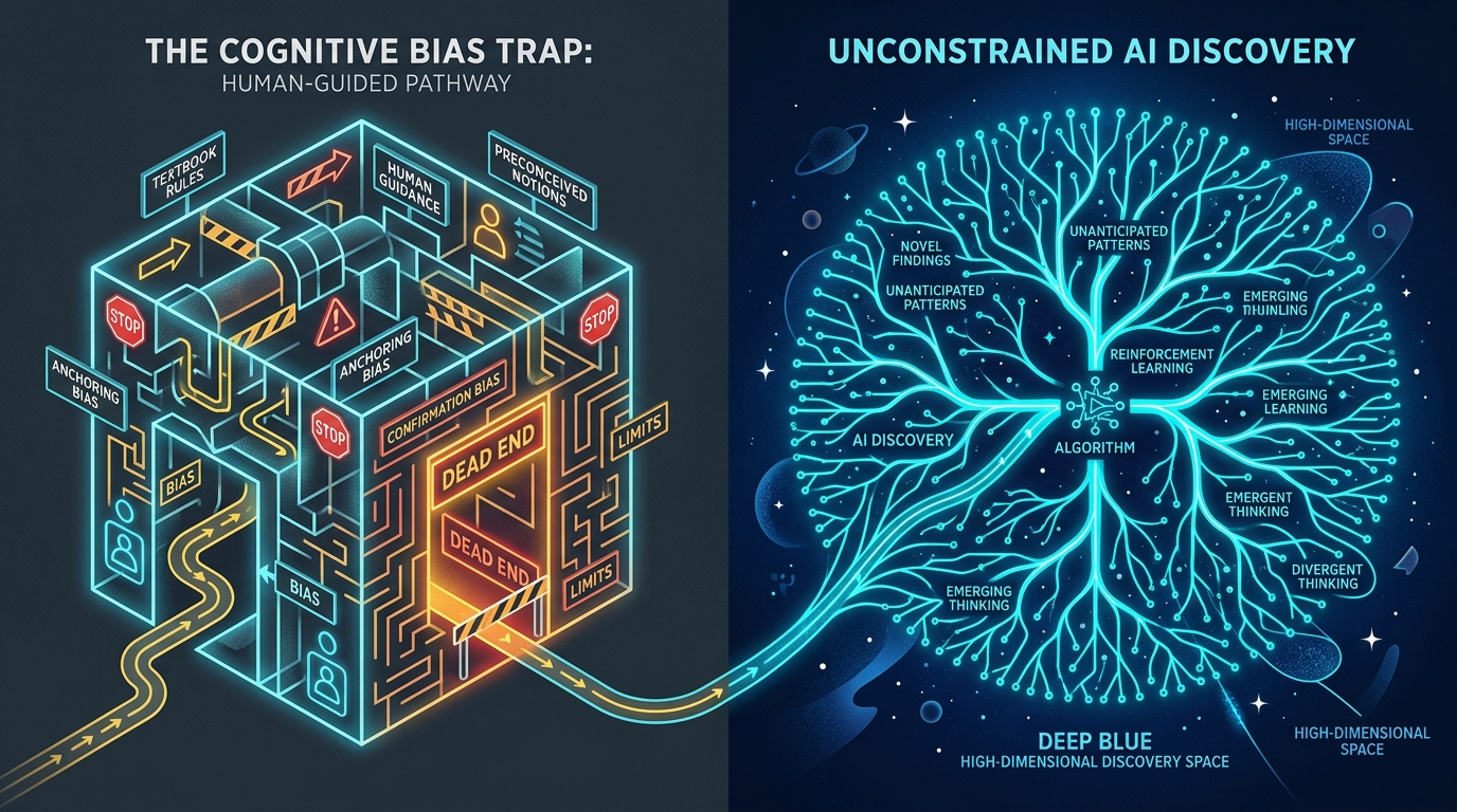 Conceptual illustration contrasting a narrow cognitive cage built from human guidance doctrines with an expansive, unconstrained high-dimensional algorithmic tree