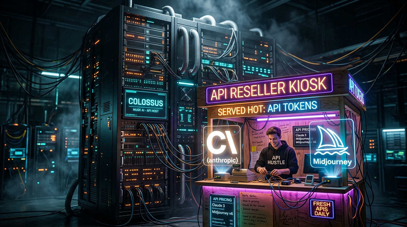 Satirical visual: Elon Musk's multi-billion-dollar Colossus supercluster paired with an informal API Reseller Kiosk selling rival Anthropic and Midjourney tokens