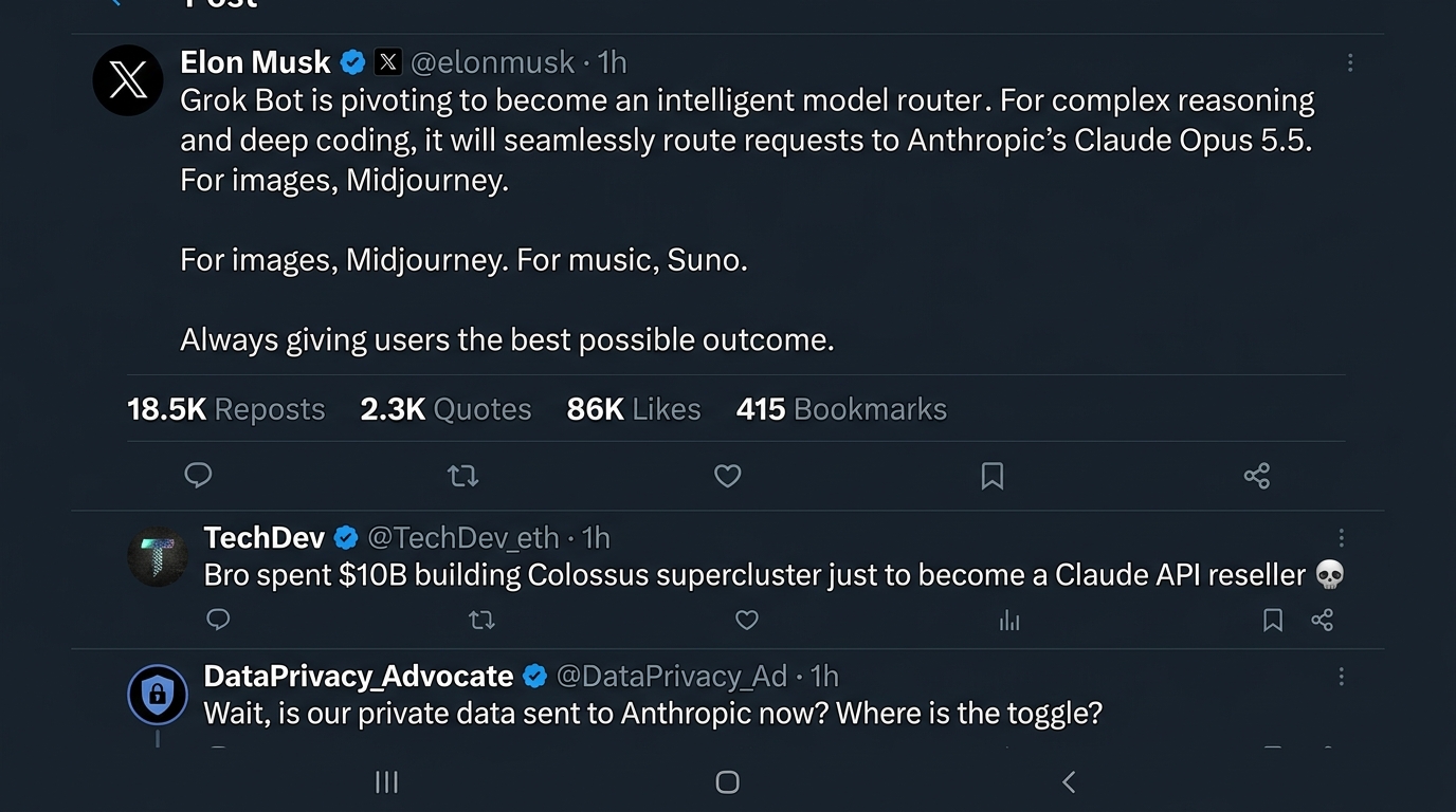 Official X post by Elon Musk announcing Grok as a universal intelligence router integrating Claude Opus 5.5, Midjourney, and Suno