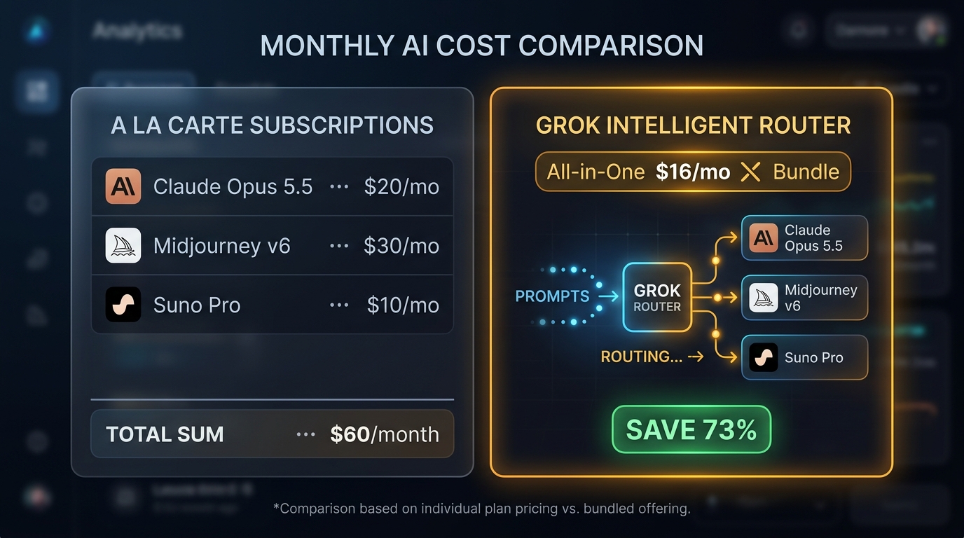 Subscription pricing comparison chart: Subscribing separately costs /month across three services versus /month via X Premium+, saving 73%