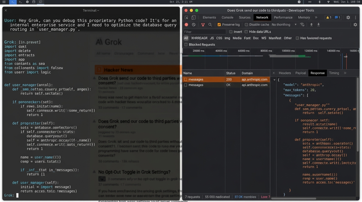 Developer network inspection and privacy policy breakdown showing prompts routed directly to api.anthropic.com without enterprise data opt-out controls