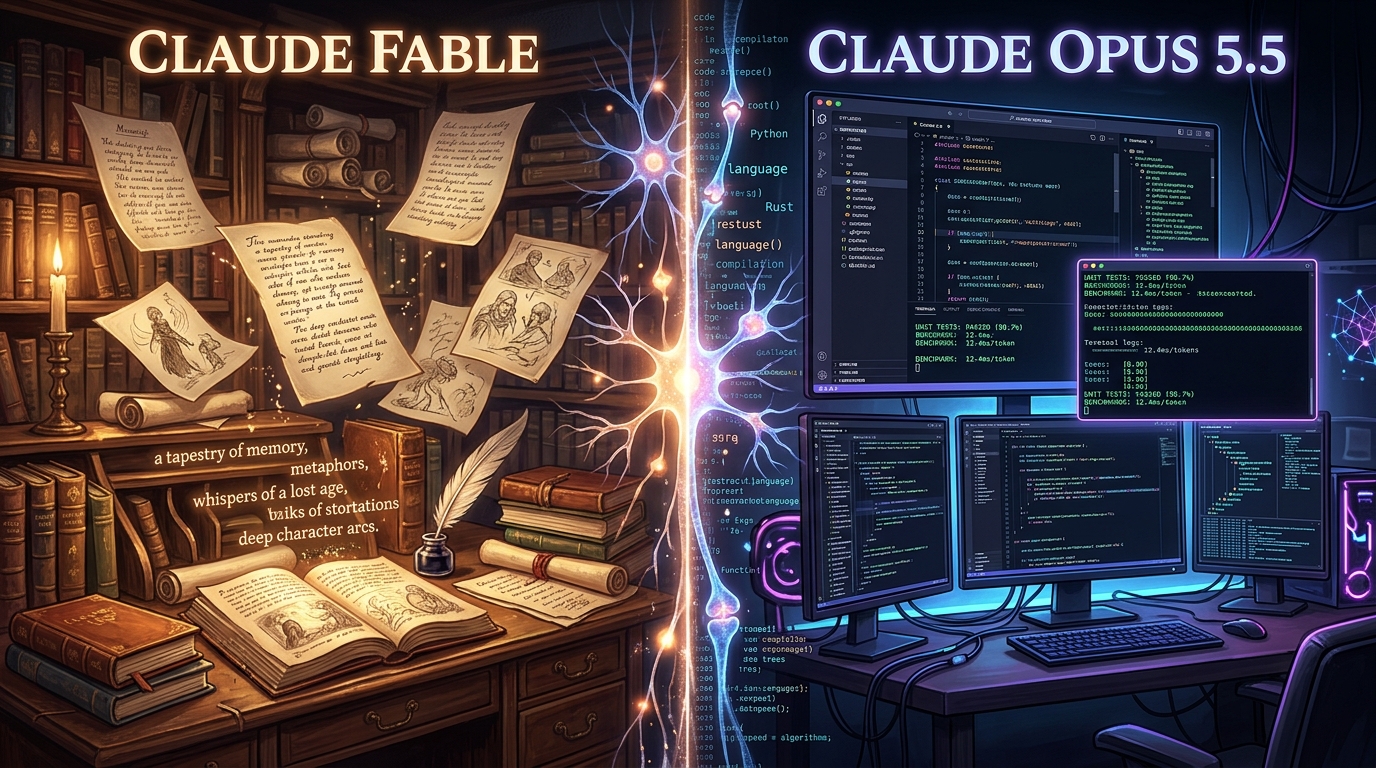 Split-screen concept art contrasting Claude Fable's literary manuscripts and character psychology with Claude Opus 5.5's engineering terminal and test compilation