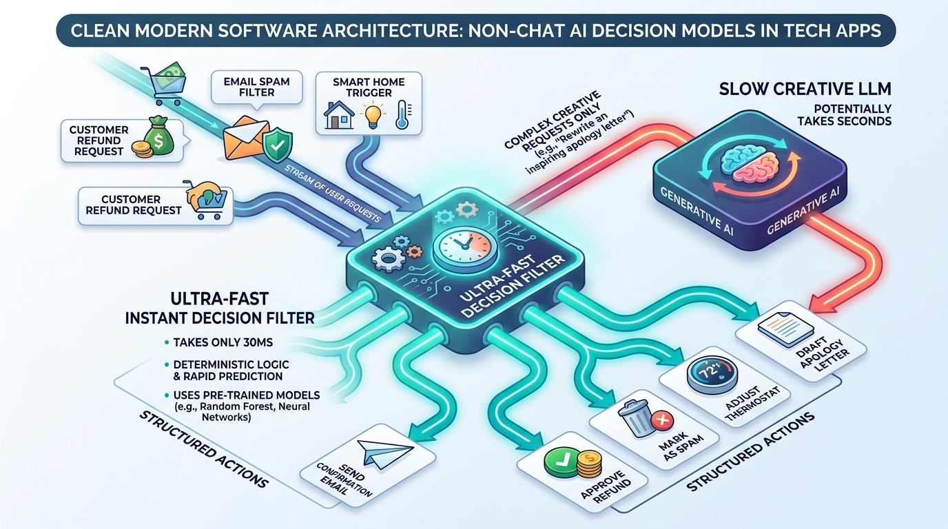 Software architecture diagram showing an ultra-fast decision filter routing actions in 30ms while reserving slow LLMs for creative tasks
