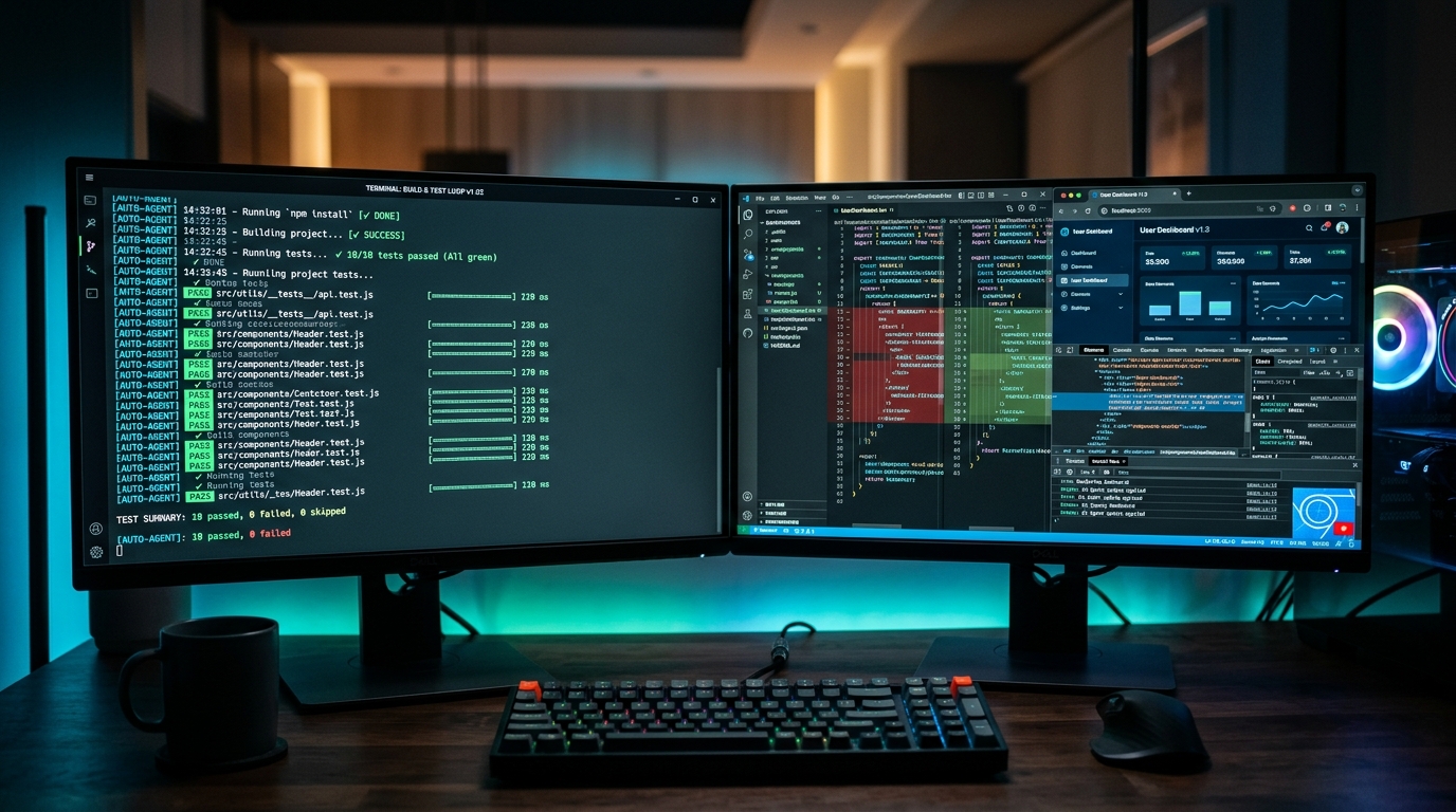 Dual-monitor developer workspace showing an autonomous AI coding agent executing builds, running tests, and self-healing defects