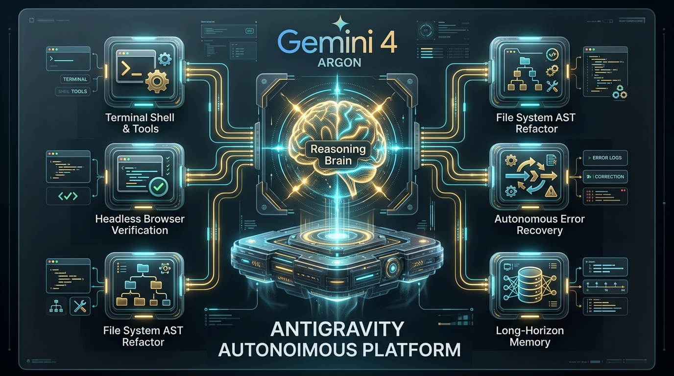 System architecture diagram illustrating Gemini 4 Argon reasoning core powering Antigravity terminal, browser, AST refactoring, and persistent memory