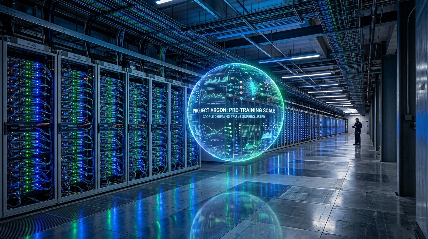 Google DeepMind data center interior featuring tens of thousands of liquid-cooled TPU v6e and v7 Pod supercluster racks with optical circuit switching