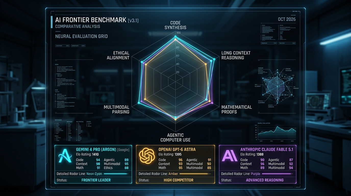 Futuristic holographic radar HUD comparing Gemini 4 Pro Argon, GPT-6 Astra, and Claude Fable 5.1 across Arena Elo, completion ceiling, mathematical proofs, and agentic coding