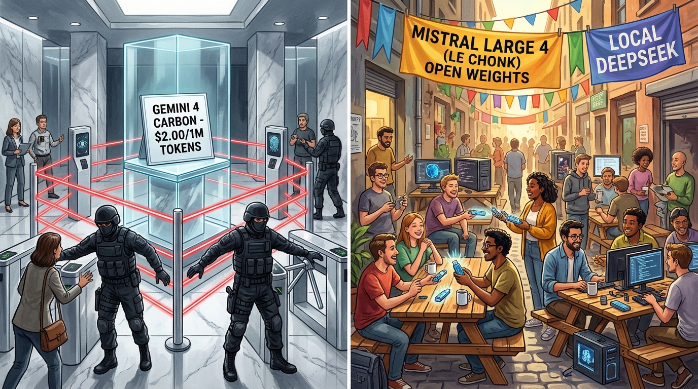 Satirical contrast illustration: A barricaded corporate showroom advertising $2/1M tokens behind armed guards on the left, contrasted with grassroots hackers sharing open-source Mistral and DeepSeek rigs in a sunlit alley on the right