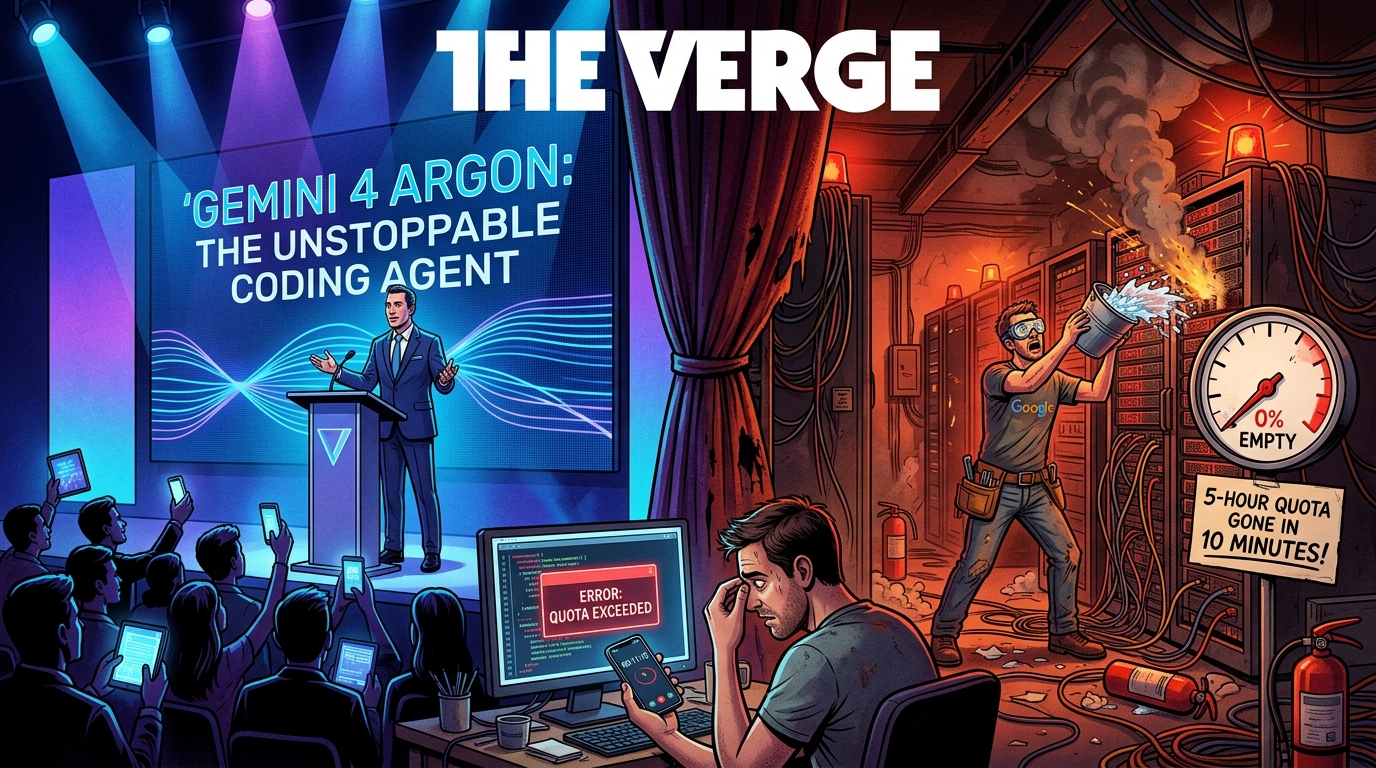 Theatrical satirical editorial illustration: Sundar Pichai hyping Gemini 4 on stage while backstage TPU racks melt with 0% fuel in 10 minutes and developer IDE crashes